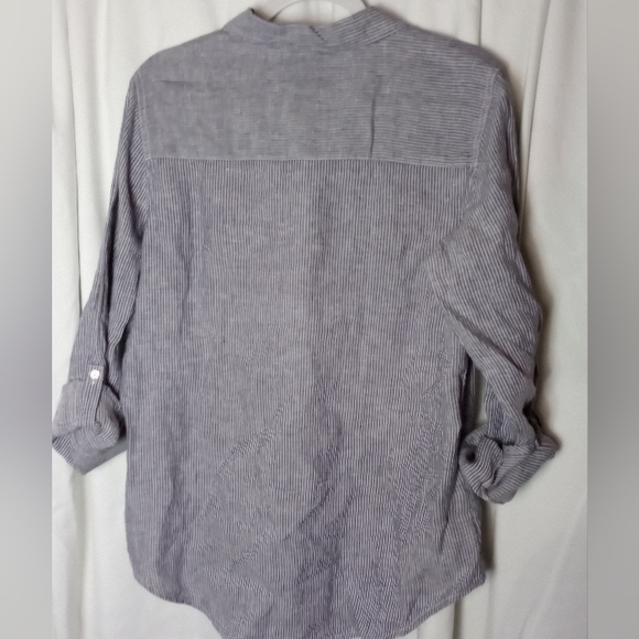 Jones & Co Blue White Striped 100% Linen Tunic Shirt Coastal Beachy Resort Med - Picture 2 of 8